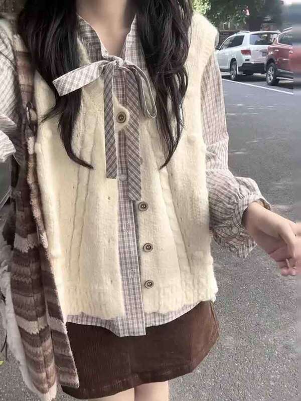 早秋学院风宽松显瘦软糯针织开衫女学生+百搭复古格纹衬衫两件套|undefined