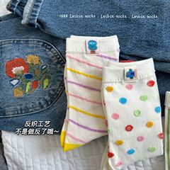 春夏季設計感小布標卡通襪子女反織條紋波點彩色中筒襪日韓中筒襪
