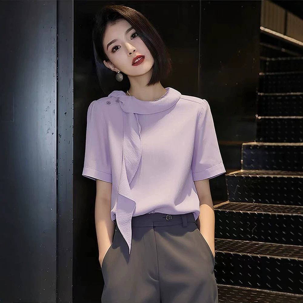 Áo sơ mi ngắn tay nữ phong cách thanh lịch, tay lụa, màu tím — màu tím