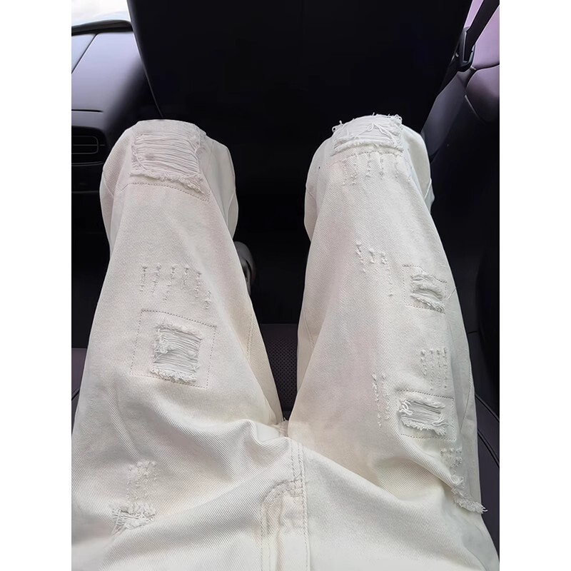 White Raw Edge Ripped Jeans Men's Summer American Cleanfit Beggar Pants High Waist Narrow Straight Pants