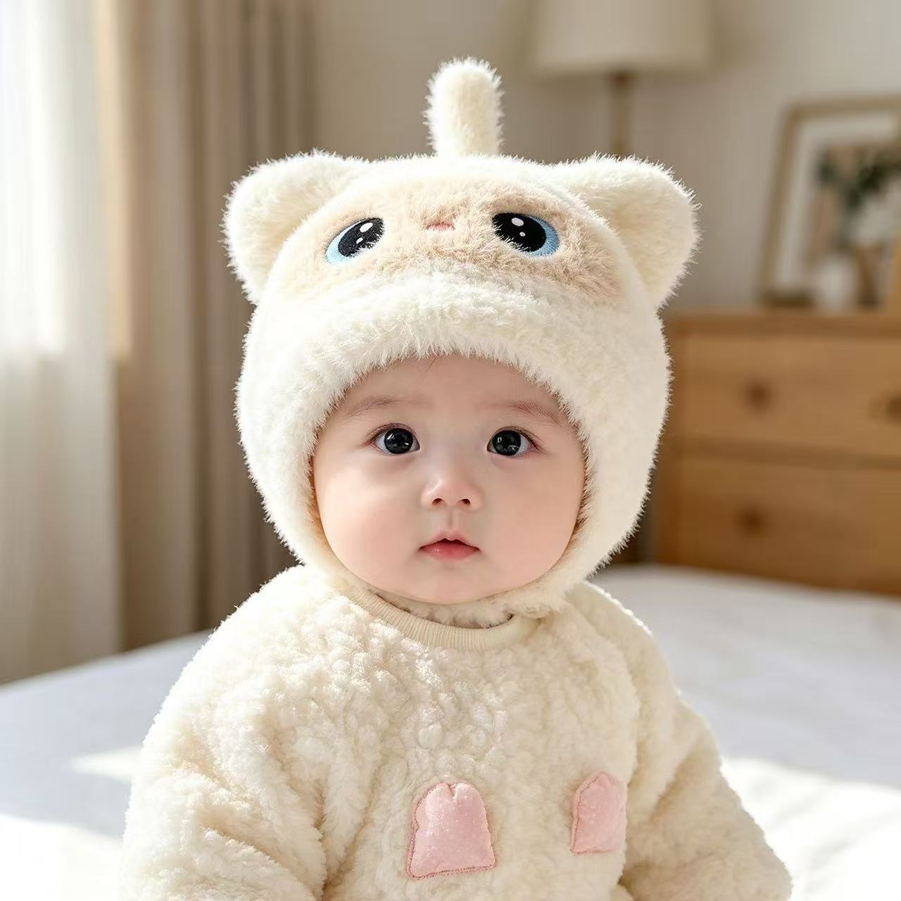 Baby plush hat, autumn and winter warm ear-covering hat, cute cartoon animal design, windproof headwear for babies, unisex