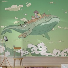 宫崎骏鲸鱼漫画墙布儿童房无纺布设计壁纸北欧卧室背景墙壁纸墙布