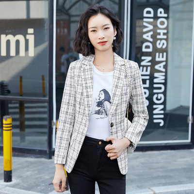 女士小格子西裝外套女設計感2021春秋新款韓版英倫風休閑西服上衣