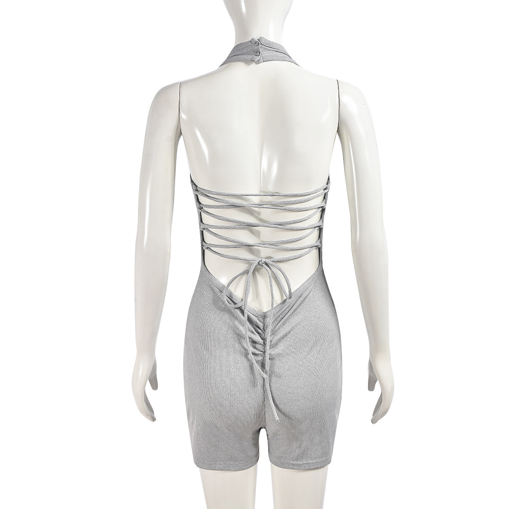 Women Clothing at Halter Backless Solid Color Slim Fit Sexy Jumpsuit