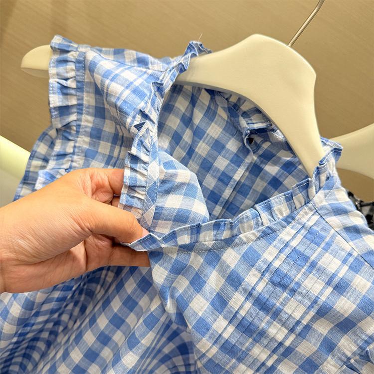 2026 Summer New Korean Fashion Round Neck Ruffled Plaid Sleeveless Shirt for Women