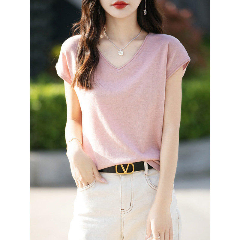 Mulberry Silk V-neck Short-sleeved T-shirt Women's 2024 Summer New High-end Worsted Wool Curl Knit Loose Top