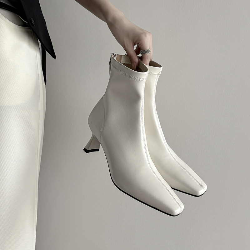 Very Elegant White Slim Boots 2025 Autumn and Winter Small Thick Heel High Heel Elegant Small Square Toe Elastic Short Boots for Women