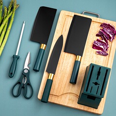 不鏽鋼廚房刀具套裝菜刀家用砍骨刀切片刀綠色黑刃六件套禮品套刀