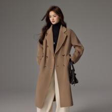 秋冬高端韩版双面10%羊绒加衬大衣女中长款宽松赫本风羊毛呢外套