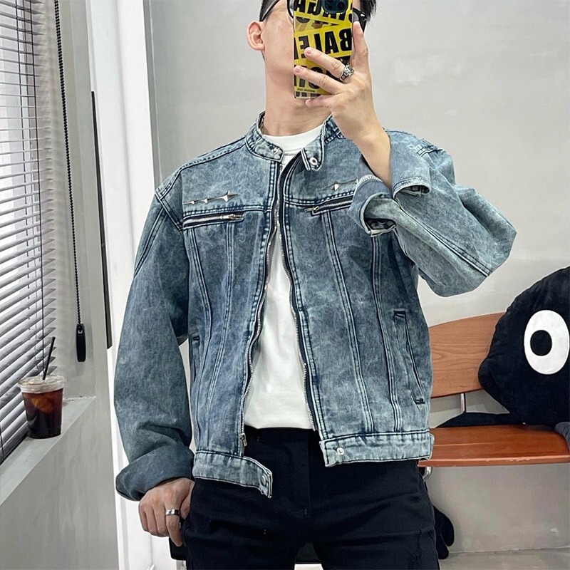 Cross-Border American Motorcycle Metal Splicing Washed Retro Trendy Brand Handsome Zipper Street Denim Work Jacket Cross-Border American Motorcycle Metal Splicing Washed Retro Trendy Brand Handsome Zipper Street Denim Work Jacket