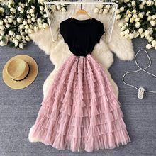 欧美风轻奢高级感连衣裙女夏季网纱拼接设计感收腰显瘦超仙气长裙