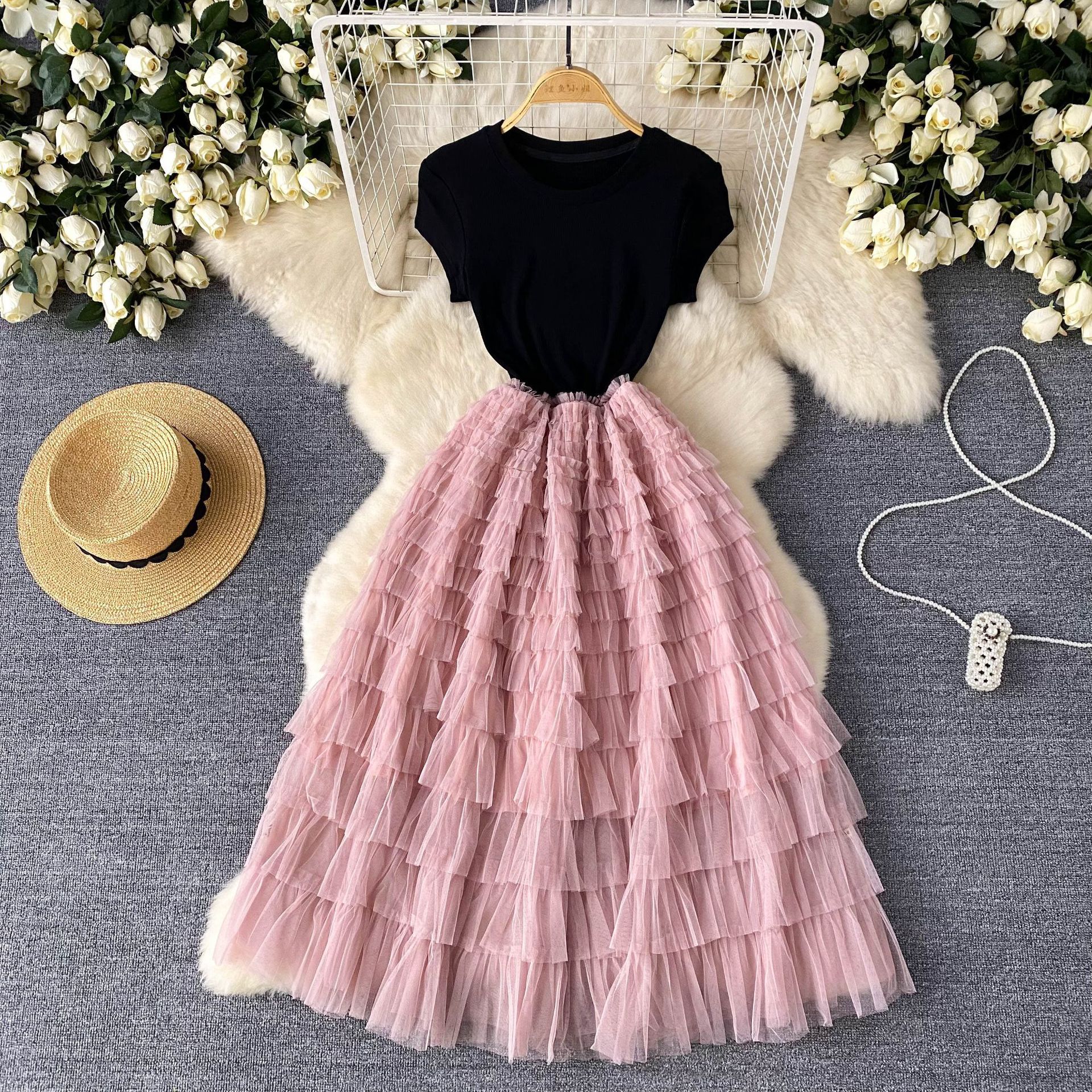 欧美风轻奢高级感连衣裙女夏季网纱拼接设计感收腰显瘦超仙气长裙