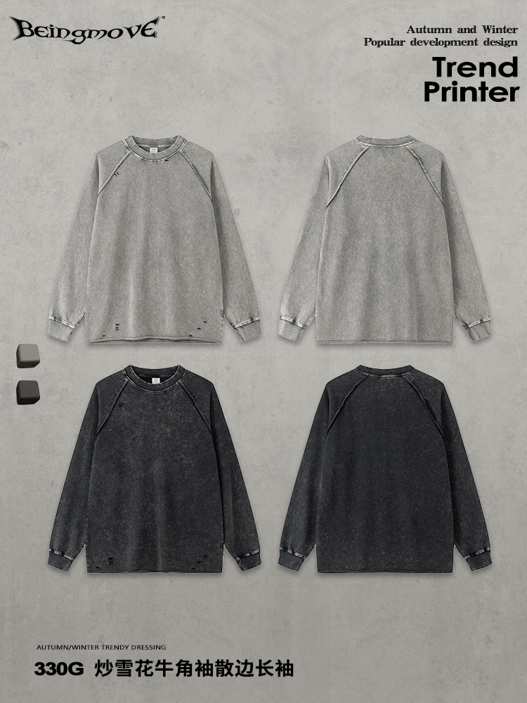 2025 otoño marca de moda europea peso transfronterizo agujero crimpado cuello redondo manga larga camiseta de algodón masculino adolescente personalizada