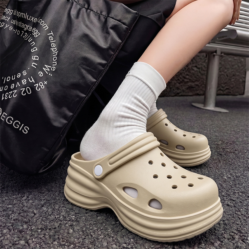 Women's Height-Enhancing Perforated Outdoor Wear, Summer Fashion Top Quality Solid Color Ultra-Thick-Soled Closed-Toe Slippers_voghion.com
