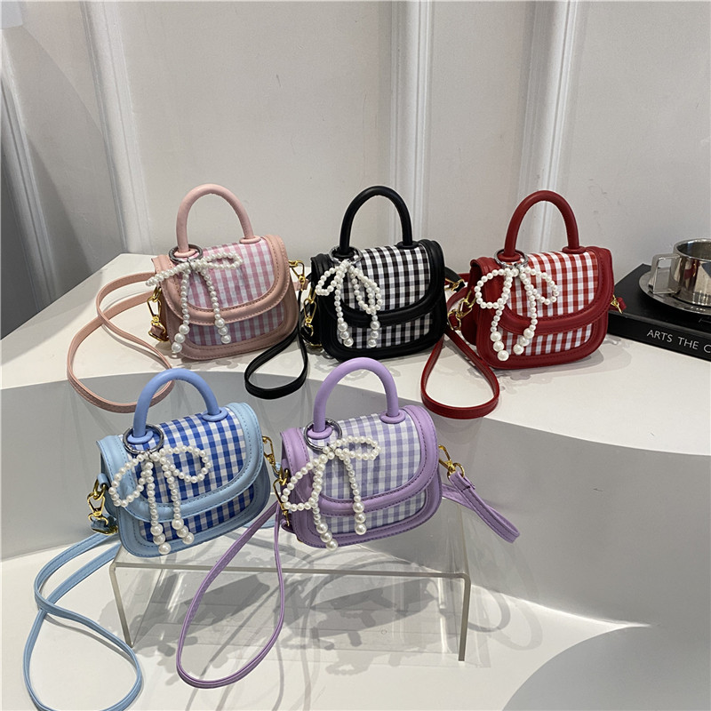 Bolso de hombro de niña a cuadros de moda coreana lindo bolso de bebé con lazo de perla mini bolso para niños de estilo occidental