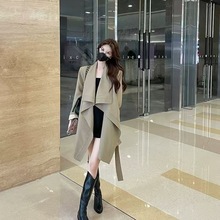 时尚外套春秋纯色翻领新款设计系带收腰显瘦风衣英伦