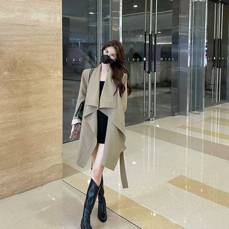 时尚外套春秋纯色翻领新款设计系带收腰显瘦风衣英伦