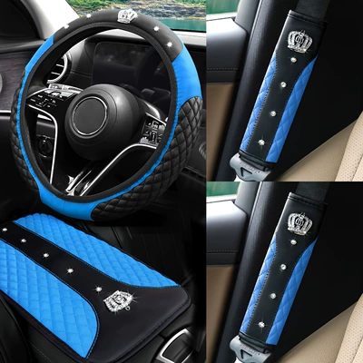 armrest box cushion four-piece – Steering wheel cover - blue-38cm