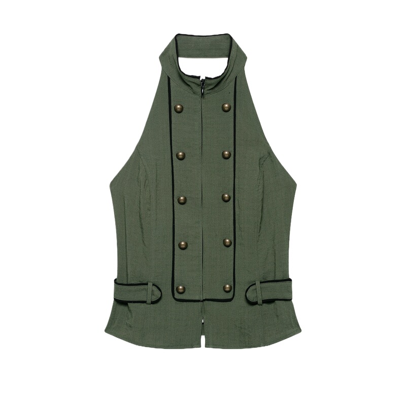 Cross-Border Wholesale Women's New Style Double-Breasted Embellished Backless Sleeveless Halter Neck Short Top 3052741