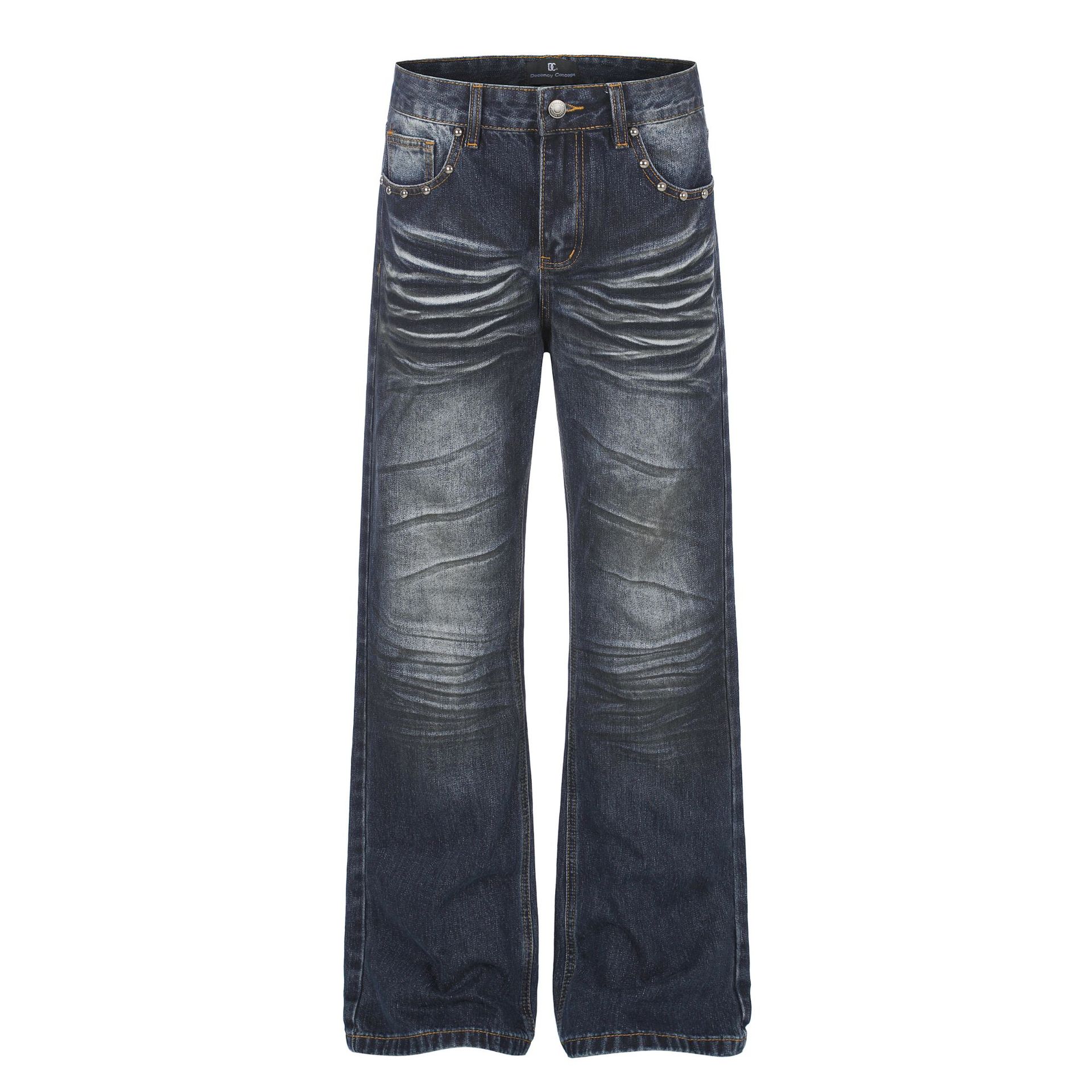 G60105 High Street American Style Unisex Streetwear Men's Slim Fit Slightly Flared Vintage Jeans with Hand-Crafted Cat-Eye Wash Design
