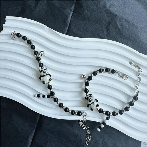 Artistic Contrast Panda Embroidery Necklace for Women - Black and White Design, Unique Hip-Hop Sweet and Cool Accessory Bracelet