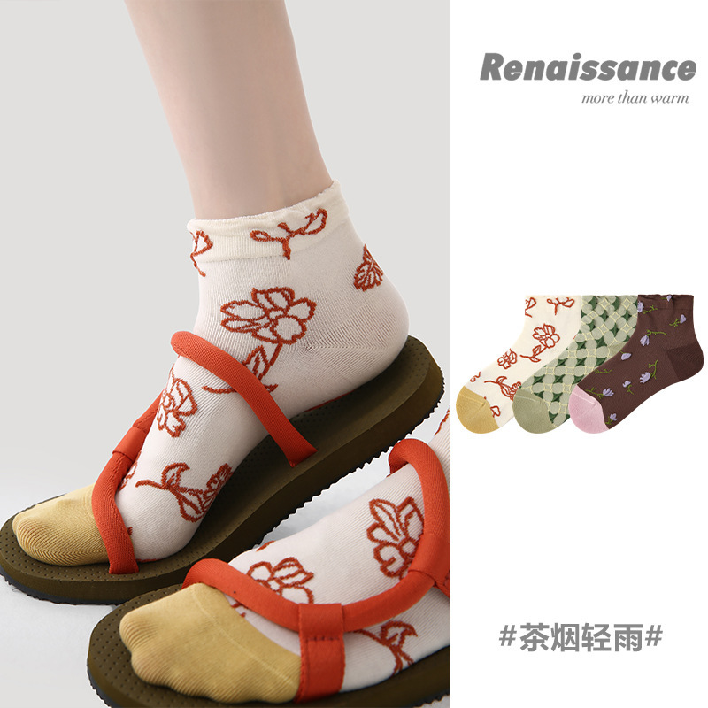 Renaissance Summer Socks with 3D Embossed New Chinese Style Trendy Floral Retro Versatile Socks for Women
