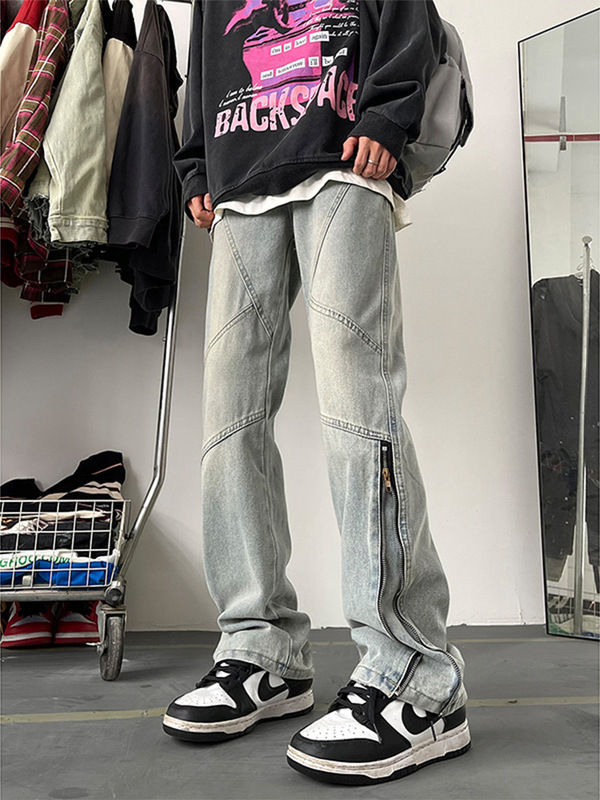 American Style Retro Zipper Jeans Men's 2024 New Summer Casual Straight Micro-pants High Street Vibe Fashion Brand