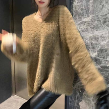 高级感慵懒黑色软糯v领马海毛毛衣女秋冬加厚宽松套头纯欲针织衫