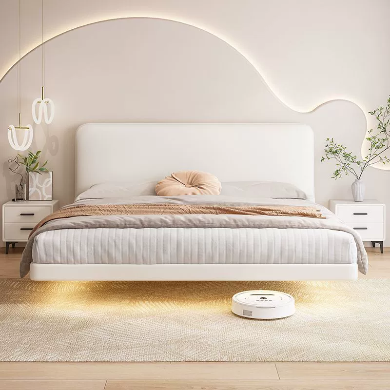 极简奶油风悬浮床现代简约主卧1.8米双人床轻奢皮床北欧简约婚床