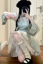 lolita新中式改良旗袍连衣裙长袖蓬蓬裙印花荷叶边青年仙网纱拉链