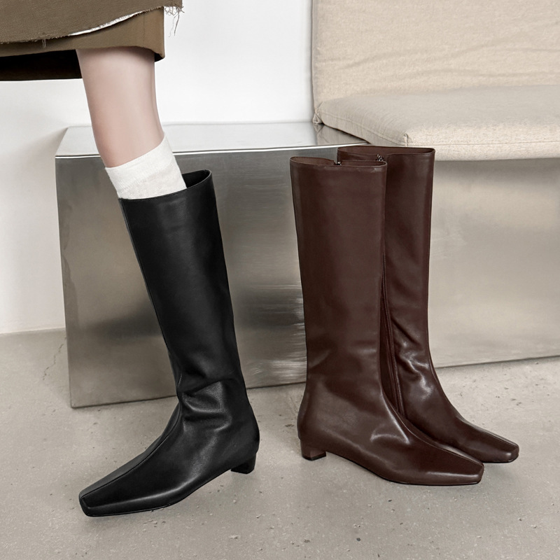 Full-Grain Leather French Kitten Heel Riding Boots 2025 Winter Chunky Low Heel Square Toe Genuine Leather High Boots for Women