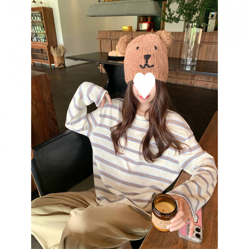 韩系百搭蓝白条纹长袖T恤女装早秋休闲宽松打底衫慵懒松弛感上衣|undefined