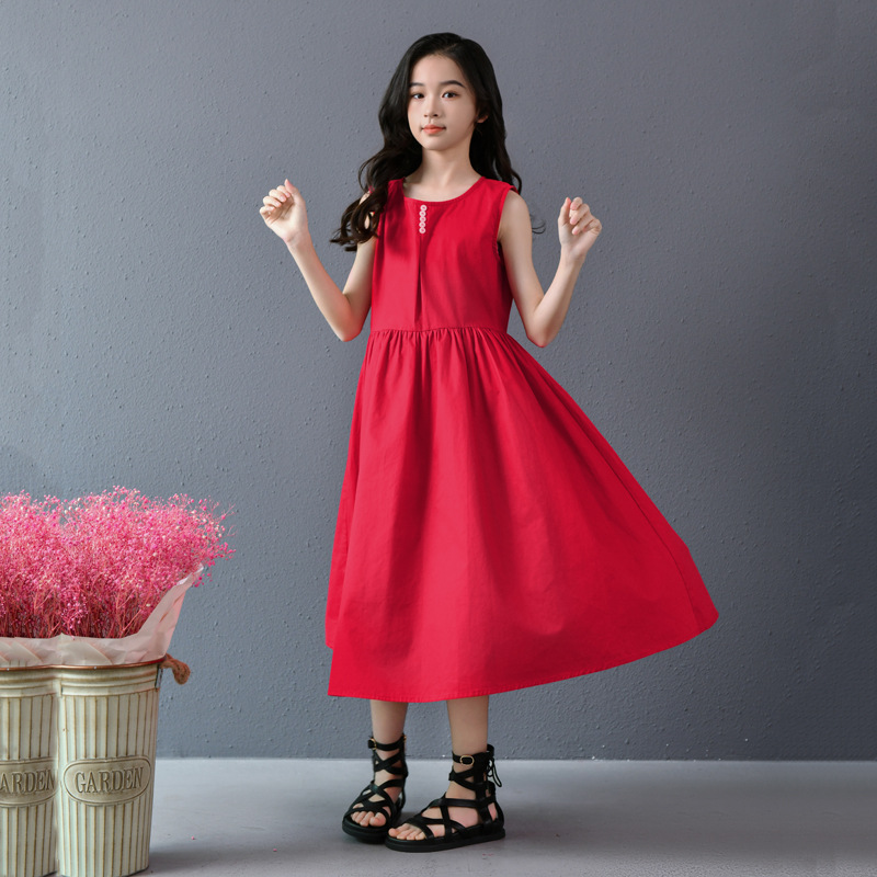 Vestido de chaleco de princesa sin mangas rojo retro francés para niñas verano nuevo estilo niña cintura delgada falda de longitud media