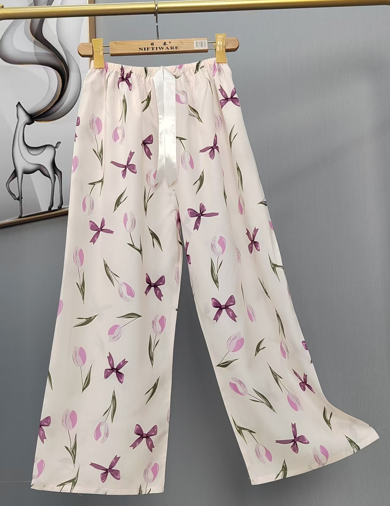 Pijama de seda de algodón para mujer, pantalones anchos de mujer embarazada de seda de algodón con estampado fino de verano