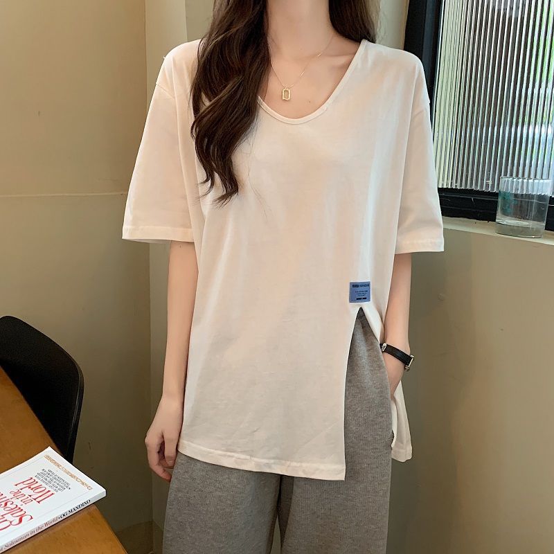 스플릿 V-넥 쇼트 슬리브 티셔츠 여성의 2022 년 새로운 느슨한 인터넷 연예인 프라이드 스트리트 불규칙한 디자인 탑