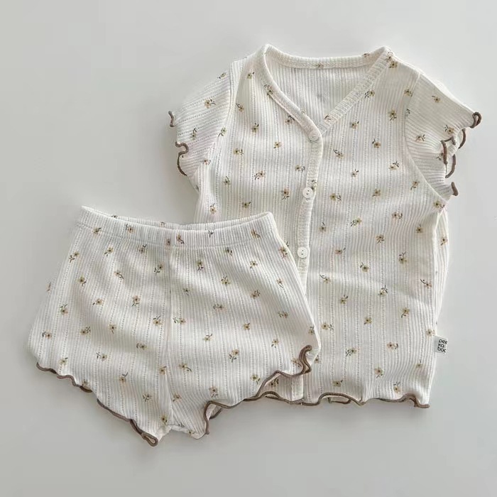 Korean style ins baby soft skin-friendly small floral wooden ear home wear suit summer baby short sleeve shorts