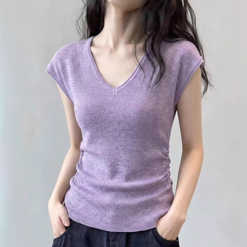 Purple Pure Desire Style V-Neck Knitted Short-Sleeve T-Shirt for Women, Summer 2026 New Slim-Fit Short-Sleeve T-Shirt 11389 Purple Pure Desire Style V-Neck Knitted Short-Sleeve T-Shirt for Women, Summer 2026 New Slim-Fit Short-Sleeve T-Shirt 11389