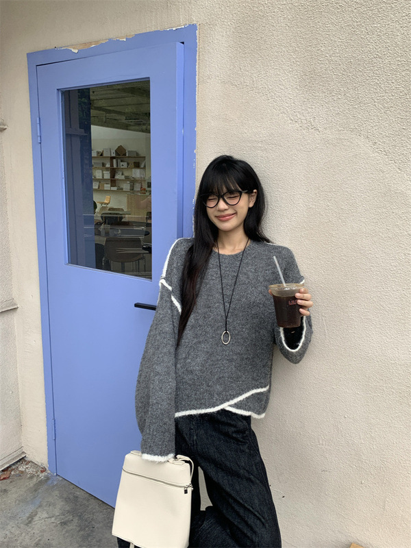 设计感不规则撞色长袖毛衣女春季2025新款小众宽松针织衫休闲上衣|undefined