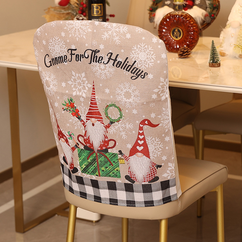 Cross-border new Christmas decoration plaid edge Christmas chair cover decorated linen cartoon forest old man chair cover