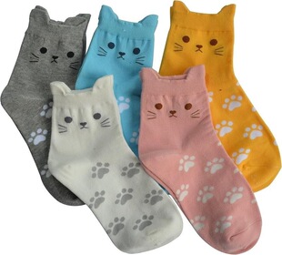 Q 83268 Cat Ears Paw Print Striped Socks ؈���_ӡ�l�y�m
