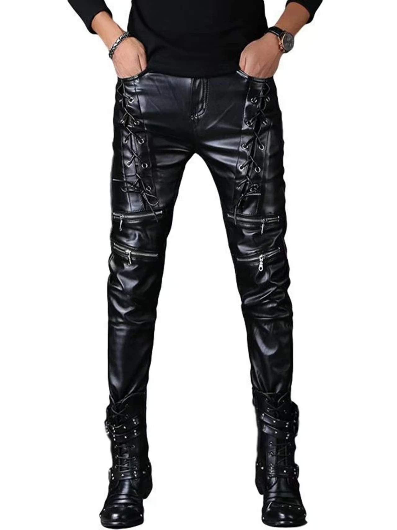 (Cross-border trading), demi-season polyurethane trousers, punk style, slim fit, European style