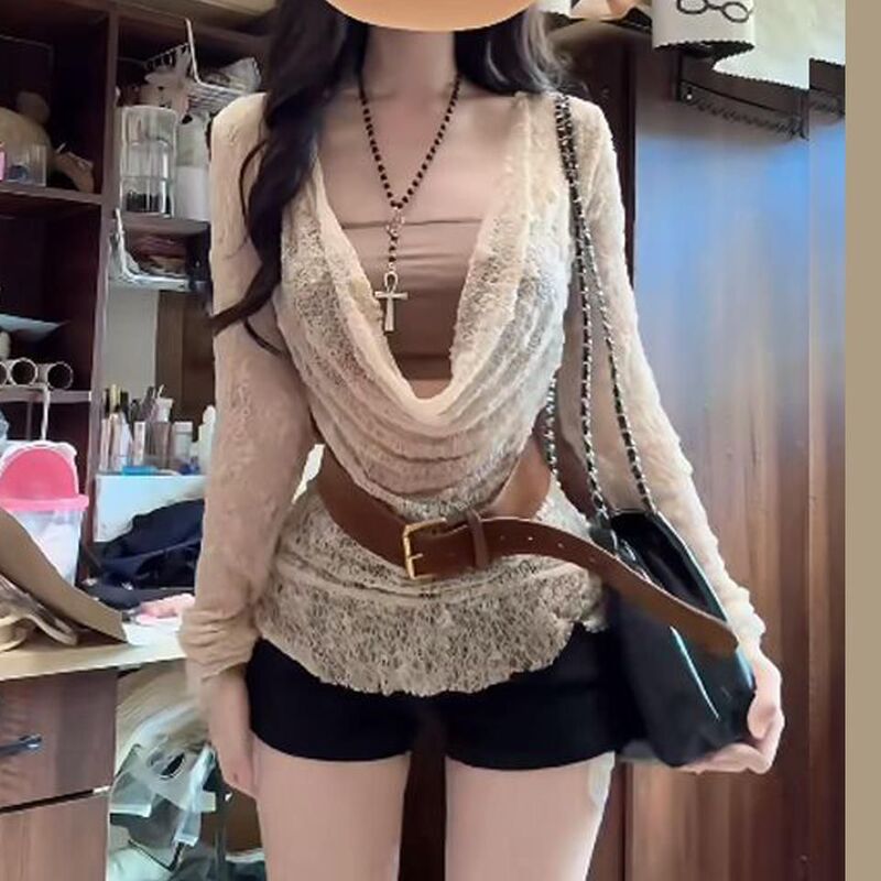Summer New Wasteland Style Swing Collar Long-Sleeved T-Shirt Women's Design Sexy One-Shoulder Top Lace Sun Protection Blouse