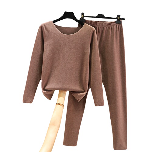 Winter Thicken Constant Temperature Slim Fit Solid Color Autumn Trousers Set Two-Piece Double-Faced Fleece Round Neck Warm Innerwear Set