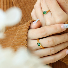 韩国ins风黄铜材质戒指 镶嵌祖母绿椭圆锆石小众个性设计情侣对戒