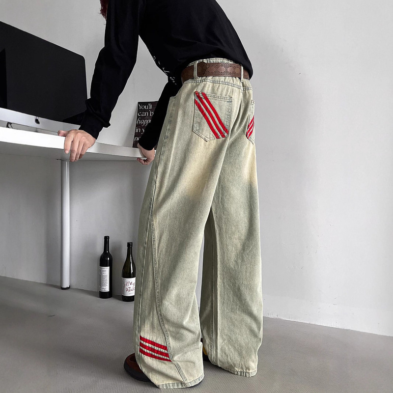 American Trendy Brand Striped Sports Casual Jeans for Men Spring and Autumn Trendy Versatile Straight Wide-Leg Pants Men's Fashion