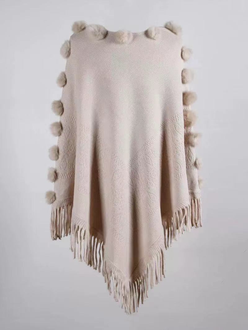 Cape à pompon en poils de lapin pour femme, pull à col rond_voghion.com