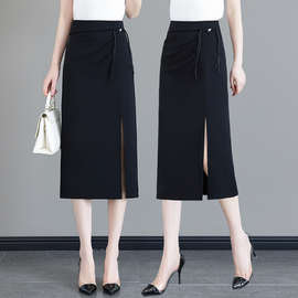 新中式半身裙女夏季2024新款高腰中长款开叉西装一步直筒包臀裙子