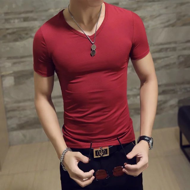 반소매 브이넥 버건디