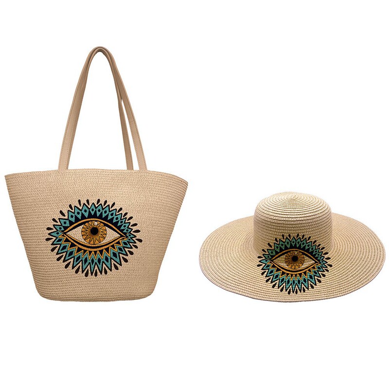 Bohemian Style Straw Bag and Hat Set European and American Retro Eye Print Women's Handbag and Shoulder Woven Bag Bohemian Style Straw Bag and Hat Set European and American Retro Eye Print Women's Handbag and Shoulder Woven Bag