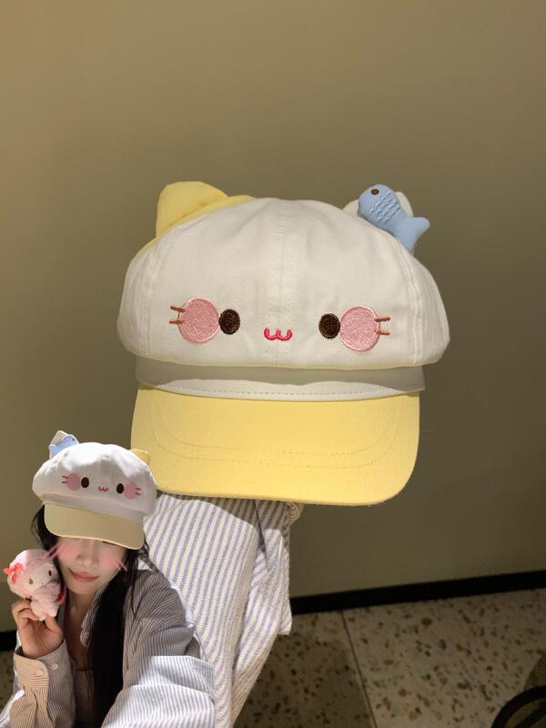 可爱卡通猫咪八角帽子女春夏出游甜美百搭显脸小贝雷帽学生报童帽|undefined
